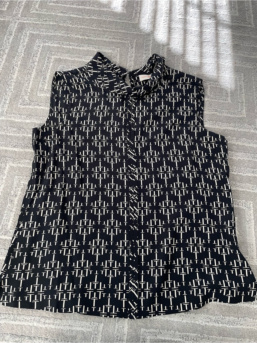 Tory Burch Black and White Geometric Sleeveless Blouse